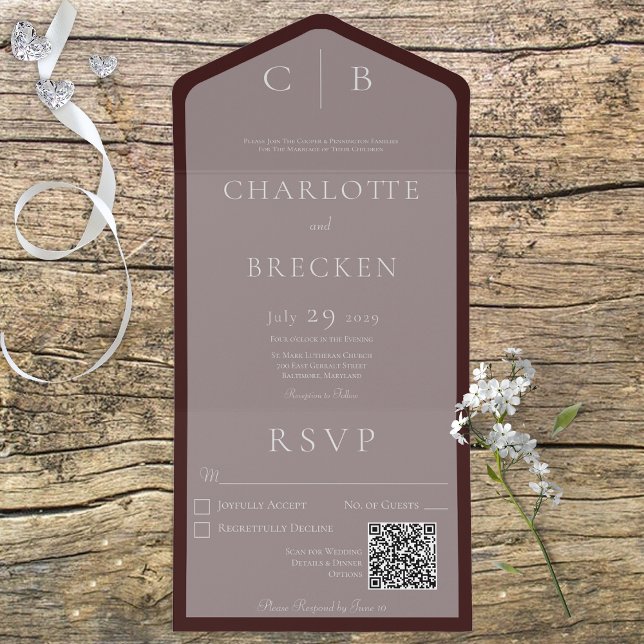Pink & Burgundy Monogram Minimal QR Code All In One Invitation (Creator Uploaded)