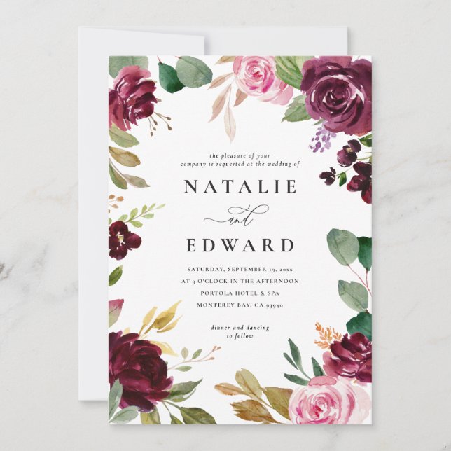 Pink, burgundy muted green and fig floral wedding (Front)