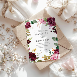 Pink, burgundy muted green and fig floral wedding
