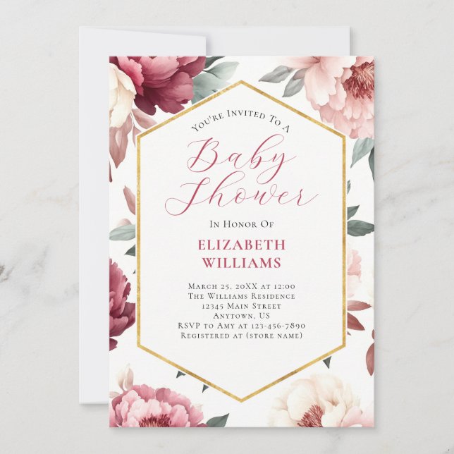 Pink Burgundy Peonies Baby Shower Invitation (Front)