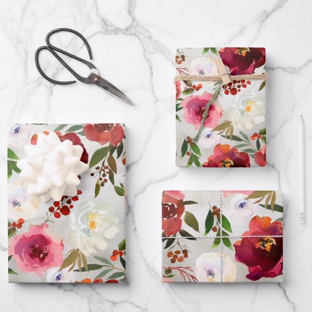 Pink & Burgundy Peony & Berries Floral Garden Wrapping Paper Sheet (Front)