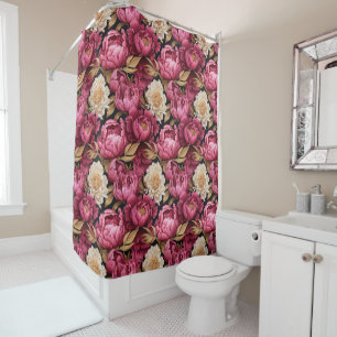 Pink & Burgundy Peony Floral Shower Curtain