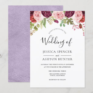 Pink Burgundy & Purple Watercolor Floral Wedding Invitation