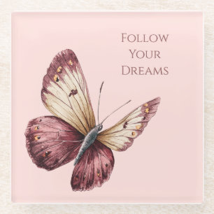 Pink Burgundy Red Cream Butterfly Glass Coaster