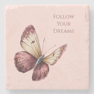Pink Burgundy Red Cream Butterfly Stone Coaster