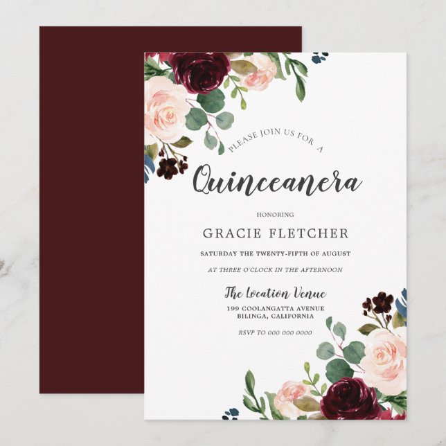 Pink & Burgundy Red Flowers Quinceanera Party Invitation (Front/Back)