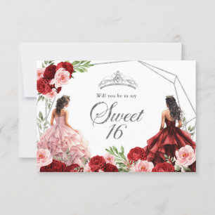 Pink Burgundy Red Twins Sweet 16 Invitation
