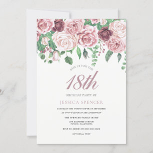 Pink Burgundy Rose 17th 18th 19th  Birthday Invite