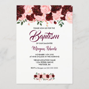 Pink & Burgundy Rose Girl Baptism Script Invite