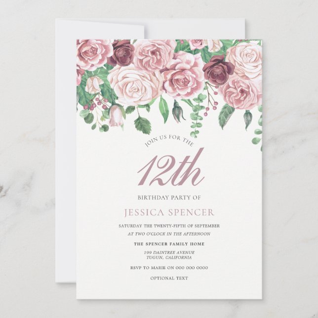 Pink Burgundy Roses 12th 13th 14th Birthday party Invitation (Front)