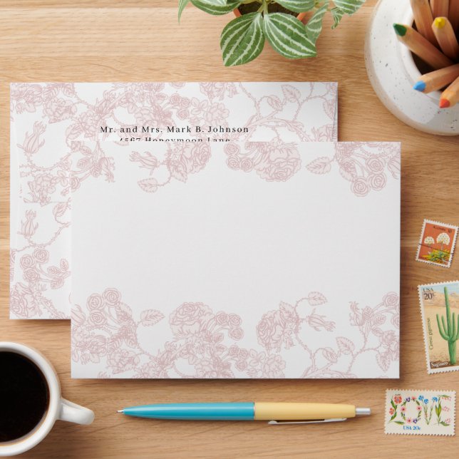 Pink & Burgundy Roses Elegant Wedding Envelopes (Desk)