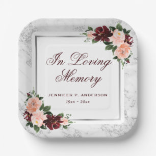 Pink Burgundy Silver Floral Memorial Funeral Paper Plate