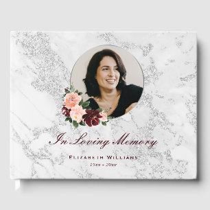 Pink Burgundy Silver Floral Memorial Funeral Photo Guest Book