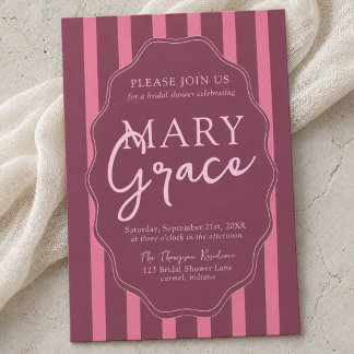 Pink Burgundy Striped Vintage Scalloped Shower Invitation