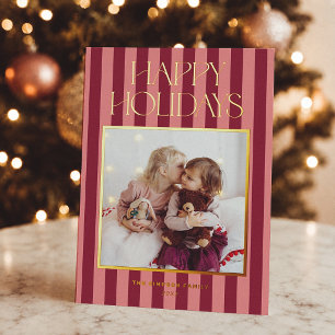 Pink & Burgundy Stripes Modern Christmas Photo Foil Holiday Card