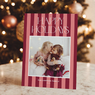 Pink & Burgundy Stripes Modern Christmas Photo Holiday Card