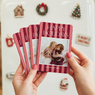 Pink & Burgundy Stripes Modern Christmas Photo Magnet