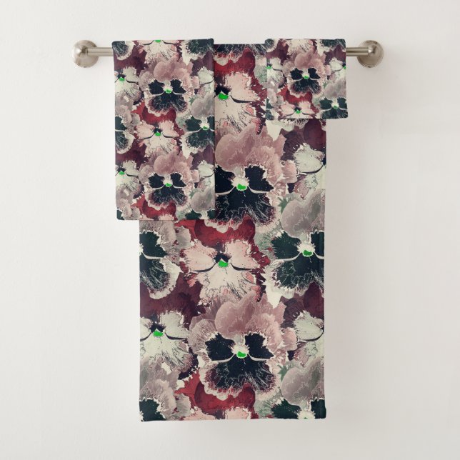 Pink, burgundy watercolor flowers  bath towel set (Insitu)