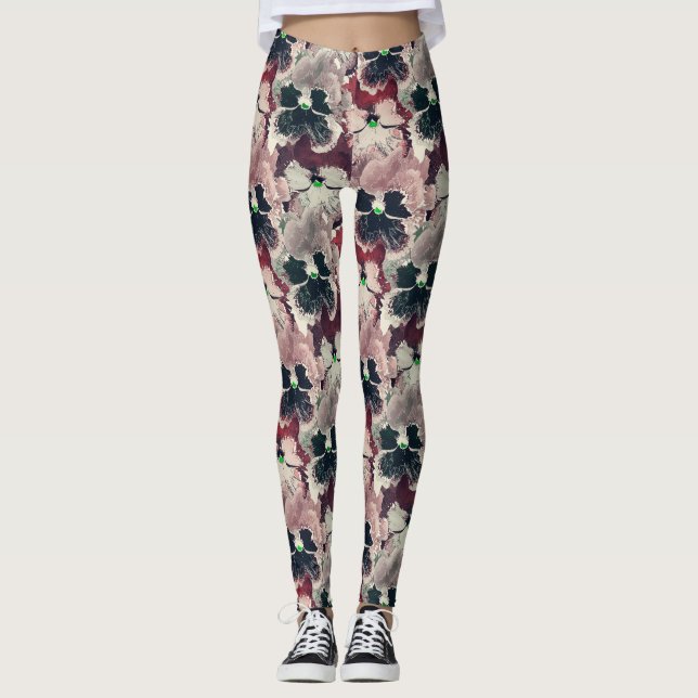 Pink, burgundy watercolor flowers leggings (Front)