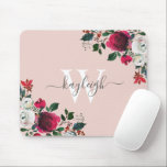 Pink Burgundy Watercolor Rose Floral Monogrammed Mouse Mat<br><div class="desc">Pink burgundy watercolor botanical peony rose floral personalised monogrammed Mouse Pad. Burgundy, marsala, white watercolor peony roses, botanical floral chich design with dark green leaves and berries on pastel blush pink background. Feature an elegant swirly handwritten typography design with your name, monogram and pretty burgundy, white peony roses arrangement. Perfect...</div>