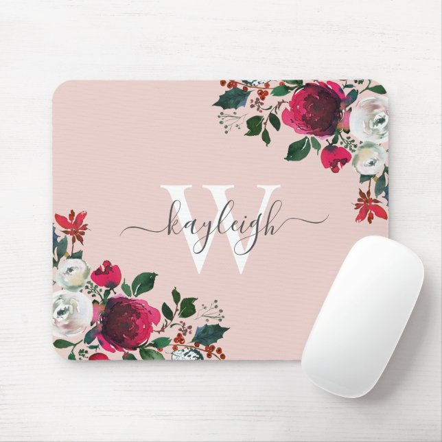 Pink Burgundy Watercolor Rose Floral Monogrammed Mouse Mat (With Mouse)