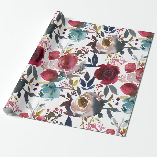Pink Burgundy Wine Watercolor Floral Flowers Wrapping Paper (Unrolled)