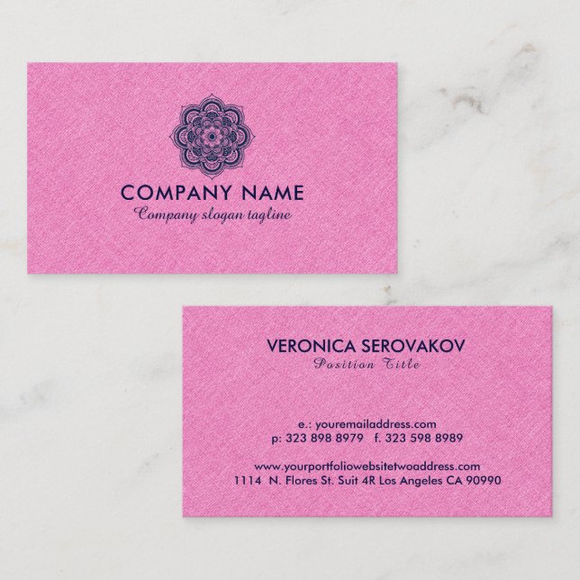 Pink Burlap Linen With Navy Blue Mandala Business Card (Front/Back)