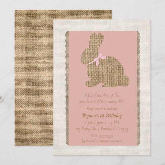 Pink & Burlap Rustic Bunny Easter 1st Birthday Invitation (Front/Back)
