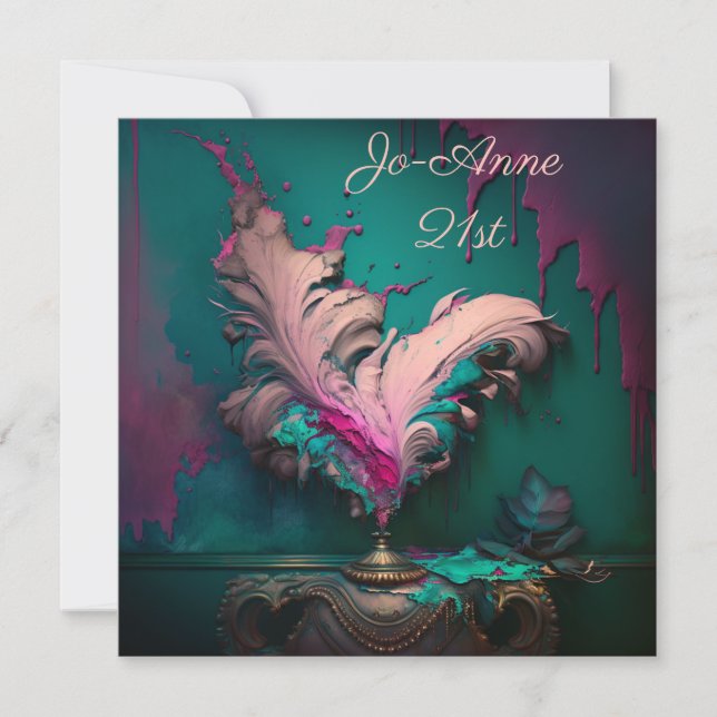 Pink burst of feathers painting  invitation (Front)