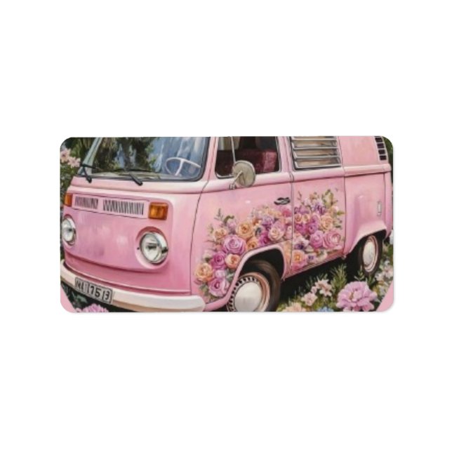 Pink Bus Beach Wall Art, Retro Van Print Californa Label (Front)