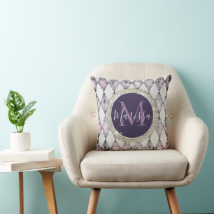 Pink Bush Harlequin Monogram Glitter Cushion