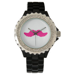Pink Bushy Moustache Moustache Funny Angel Wings Watch