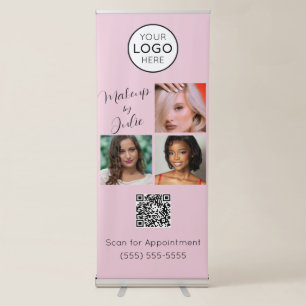 Pink Business Logo with QR and Photo Makeup Studio Retractable Banner