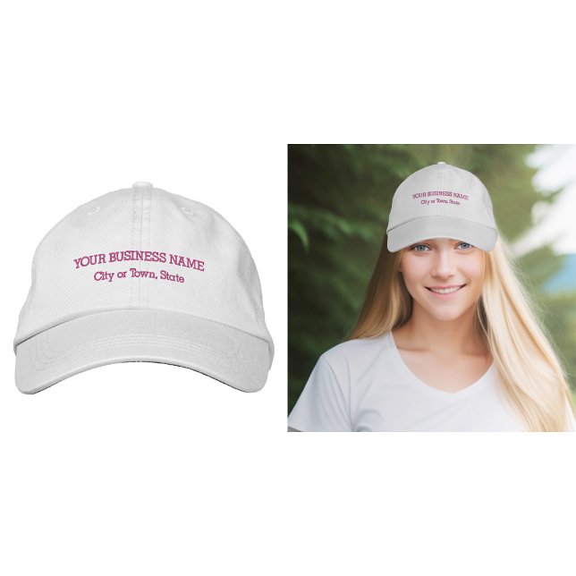 Pink Business Text Embroidered on Cap (Business name and location embroidered on cap in pink thread)