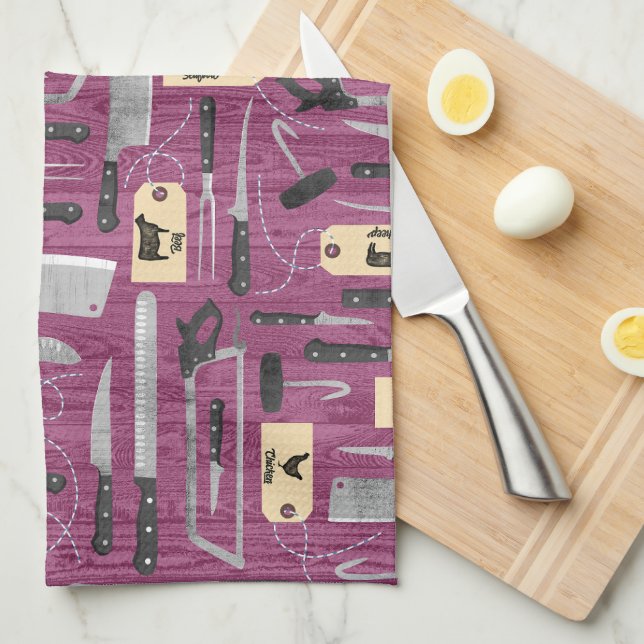 Pink Butchers Knives Tea Towel (Quarter Fold)
