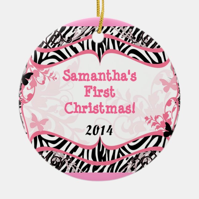 Pink Buttefly Zebra Personalised Name Ornament (Front)