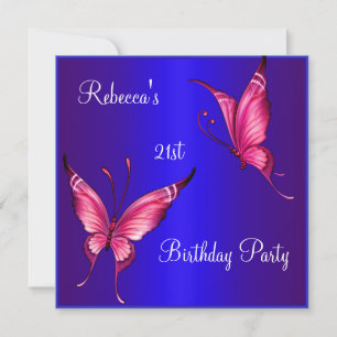 Pink Butterflies 21st Birthday Party Blue Invitation