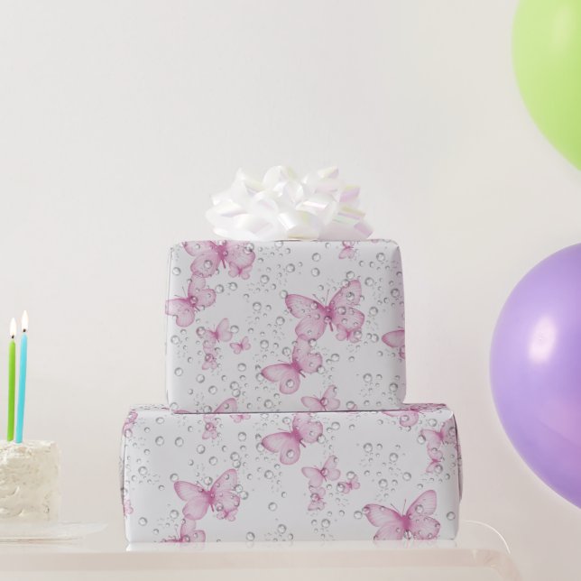 Pink Butterflies and Bubbles Wrapping Paper (Party Gifts)