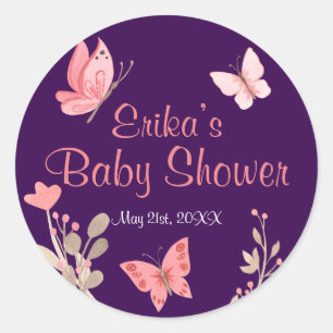 Pink Butterflies and Florals Purple Baby Shower Classic Round Sticker