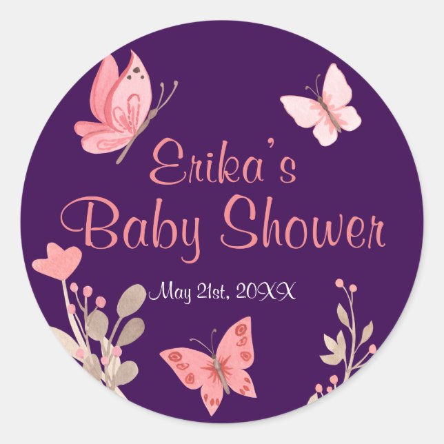 Pink Butterflies and Florals Purple Baby Shower Classic Round Sticker (Front)