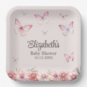 Pink Butterflies and Flowers Baby Shower  Paper Plate