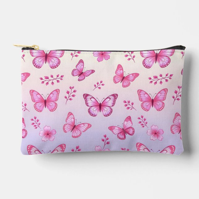 Pink butterflies and flowers pattern accessory pouch (Front)