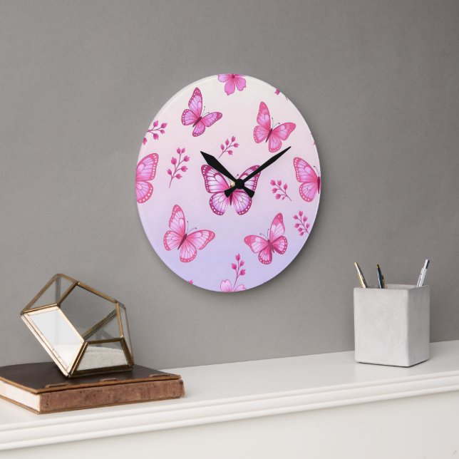 Pink butterflies and flowers pattern large clock (Office)