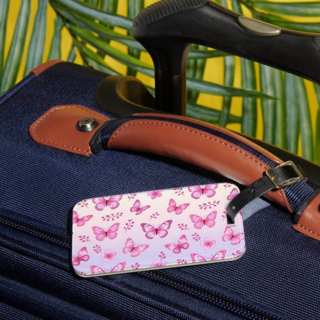 Pink butterflies and flowers pattern luggage tag (Front Insitu 3)