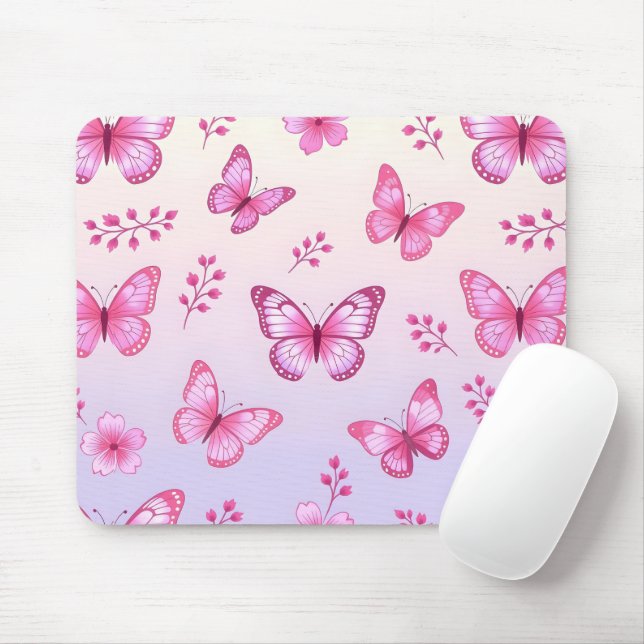 Pink butterflies and flowers pattern mouse mat (With Mouse)