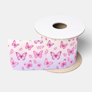 Pink butterflies and flowers pattern satin ribbon