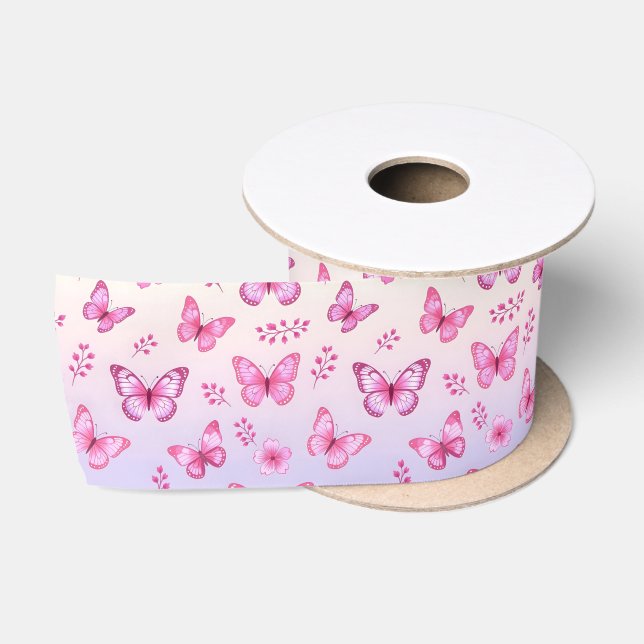 Pink butterflies and flowers pattern satin ribbon (Spool)
