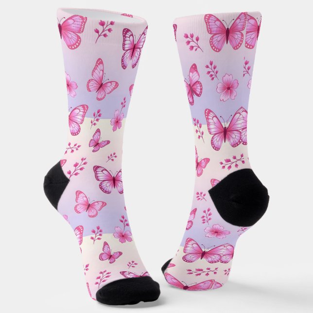 Pink butterflies and flowers pattern socks (Angled)