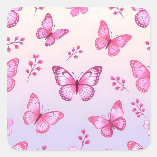 Pink butterflies and flowers pattern square sticker (Front)