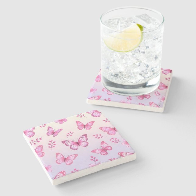 Pink butterflies and flowers pattern stone coaster (Side)